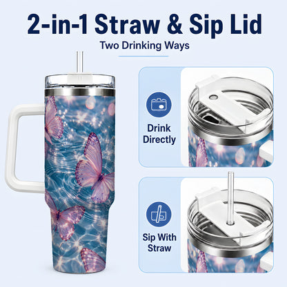 #pl[40oz|White] Pink Butterfly Water 40oz Tumbler, Butterfly Stainless Steel Travel Cup