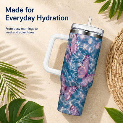Pink Butterfly Water 40oz Tumbler, Butterfly Stainless Steel Travel Cup