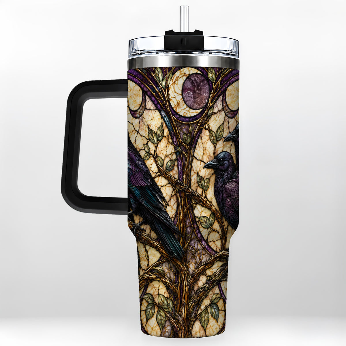#pl[40oz|Black] Raven Moon 40oz Tumbler, Stained Glass Raven Stainless Steel Travel Cup