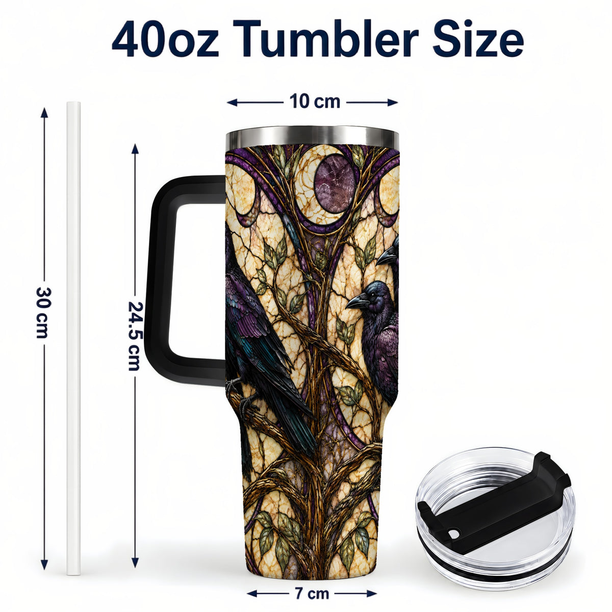 #pl[40oz|Black] Raven Moon 40oz Tumbler, Stained Glass Raven Stainless Steel Travel Cup
