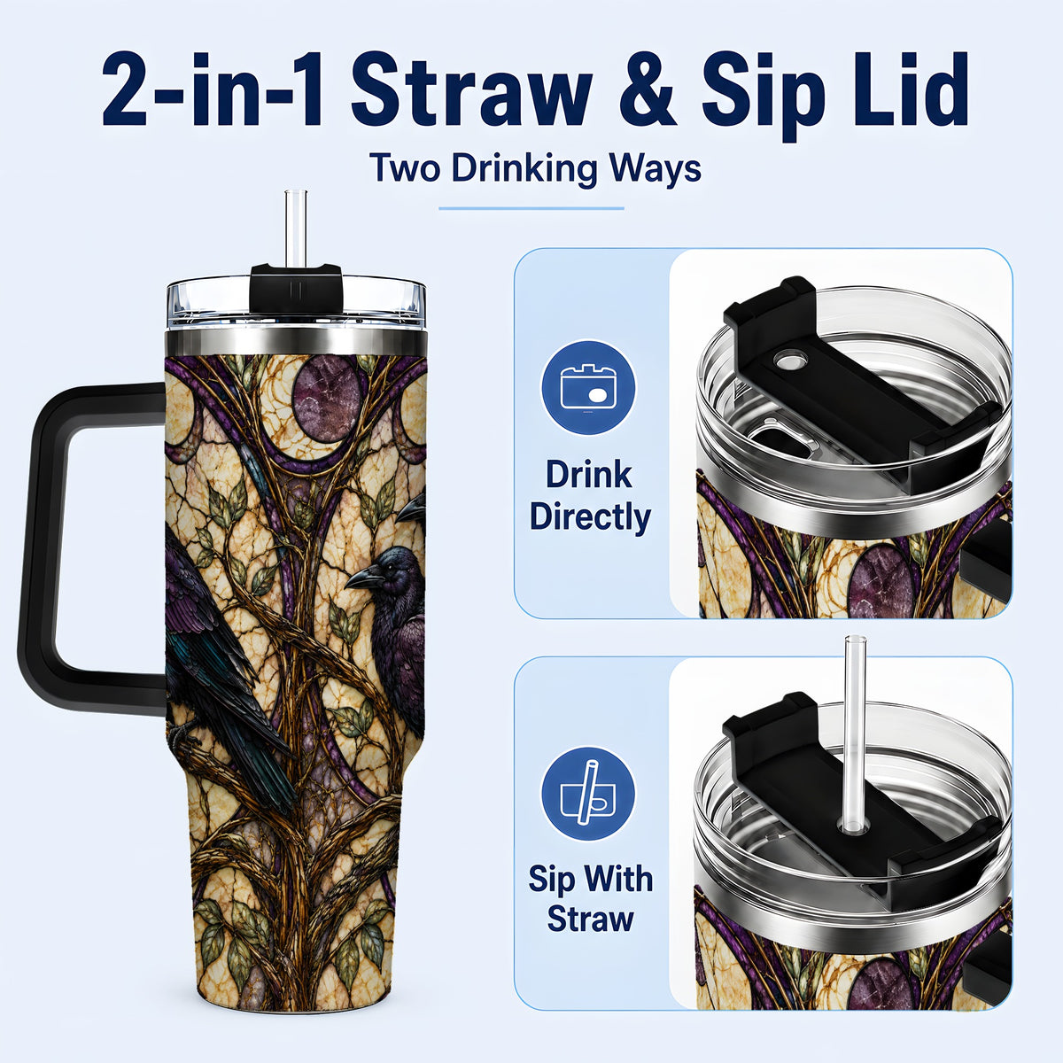 #pl[40oz|Black] Raven Moon 40oz Tumbler, Stained Glass Raven Stainless Steel Travel Cup