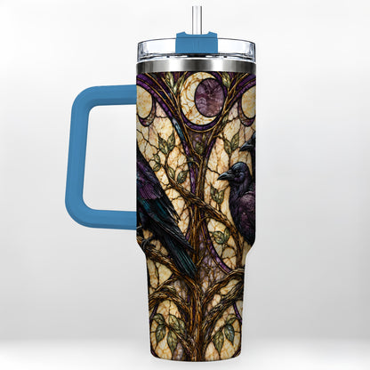 #pl[40oz|Blue] Raven Moon 40oz Tumbler, Stained Glass Raven Stainless Steel Travel Cup