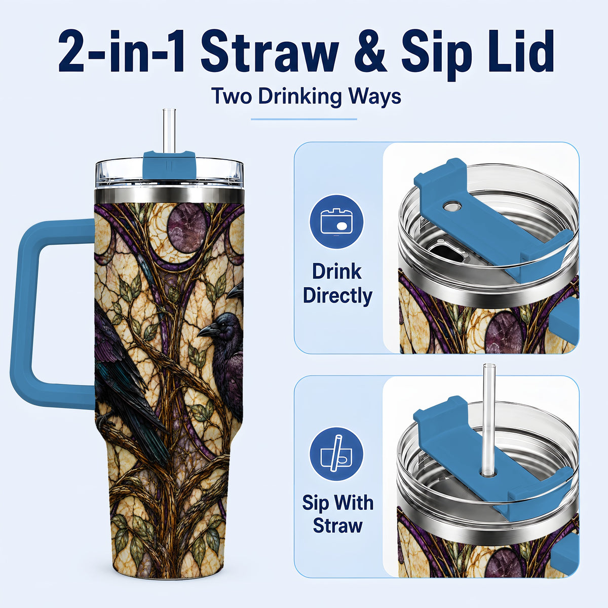 #pl[40oz|Blue] Raven Moon 40oz Tumbler, Stained Glass Raven Stainless Steel Travel Cup