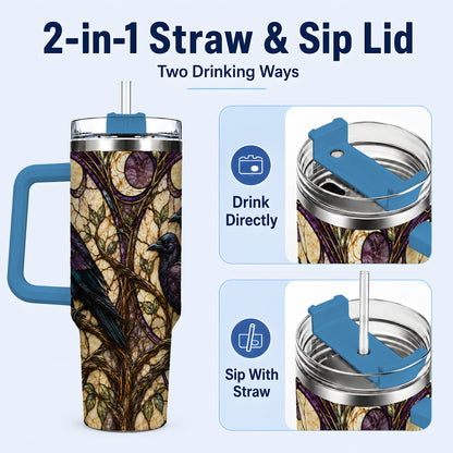 #pl[40oz|Blue] Raven Moon 40oz Tumbler, Stained Glass Raven Stainless Steel Travel Cup
