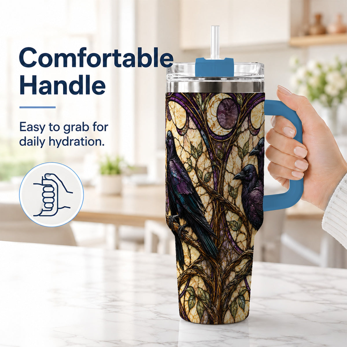 #pl[40oz|Blue] Raven Moon 40oz Tumbler, Stained Glass Raven Stainless Steel Travel Cup