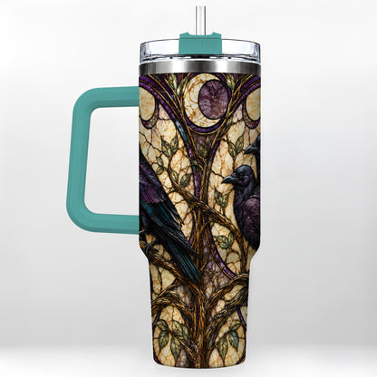 #pl[40oz|Green] Raven Moon 40oz Tumbler, Stained Glass Raven Stainless Steel Travel Cup