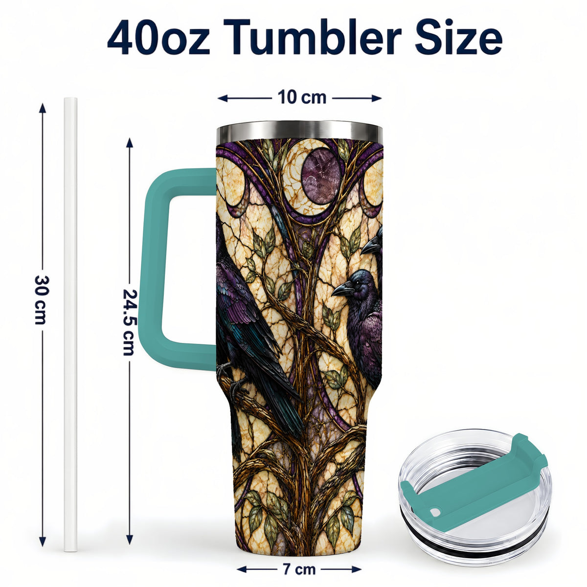 #pl[40oz|Green] Raven Moon 40oz Tumbler, Stained Glass Raven Stainless Steel Travel Cup