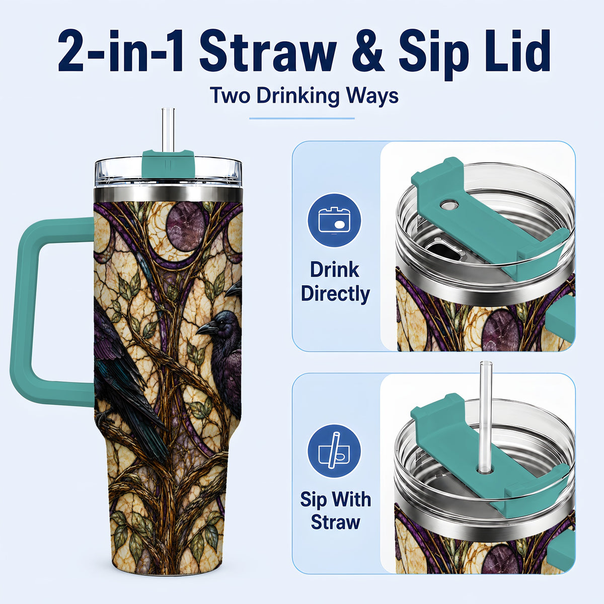 #pl[40oz|Green] Raven Moon 40oz Tumbler, Stained Glass Raven Stainless Steel Travel Cup