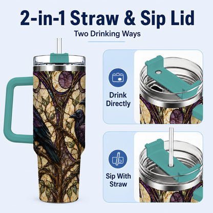 #pl[40oz|Green] Raven Moon 40oz Tumbler, Stained Glass Raven Stainless Steel Travel Cup