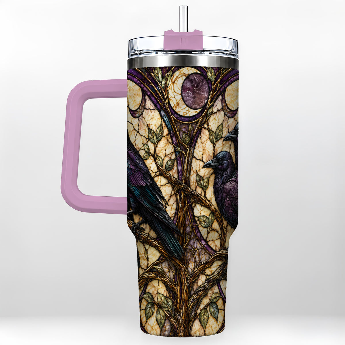 #pl[40oz|Pink] Raven Moon 40oz Tumbler, Stained Glass Raven Stainless Steel Travel Cup