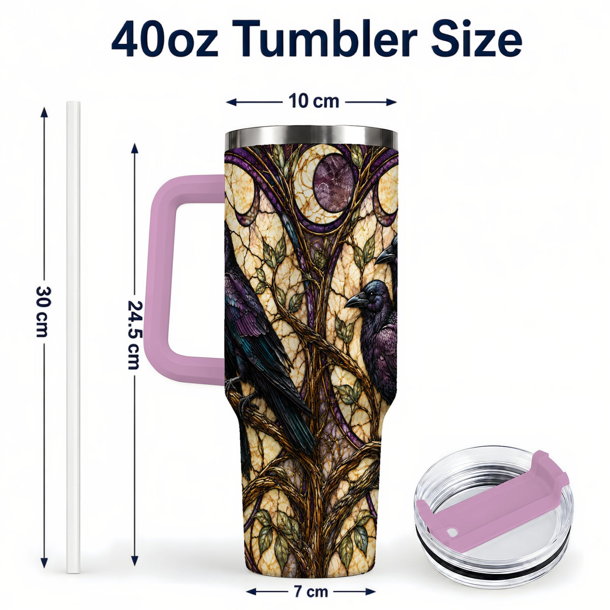 #pl[40oz|Pink] Raven Moon 40oz Tumbler, Stained Glass Raven Stainless Steel Travel Cup