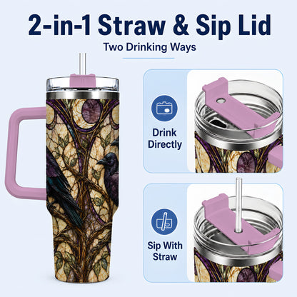 #pl[40oz|Pink] Raven Moon 40oz Tumbler, Stained Glass Raven Stainless Steel Travel Cup