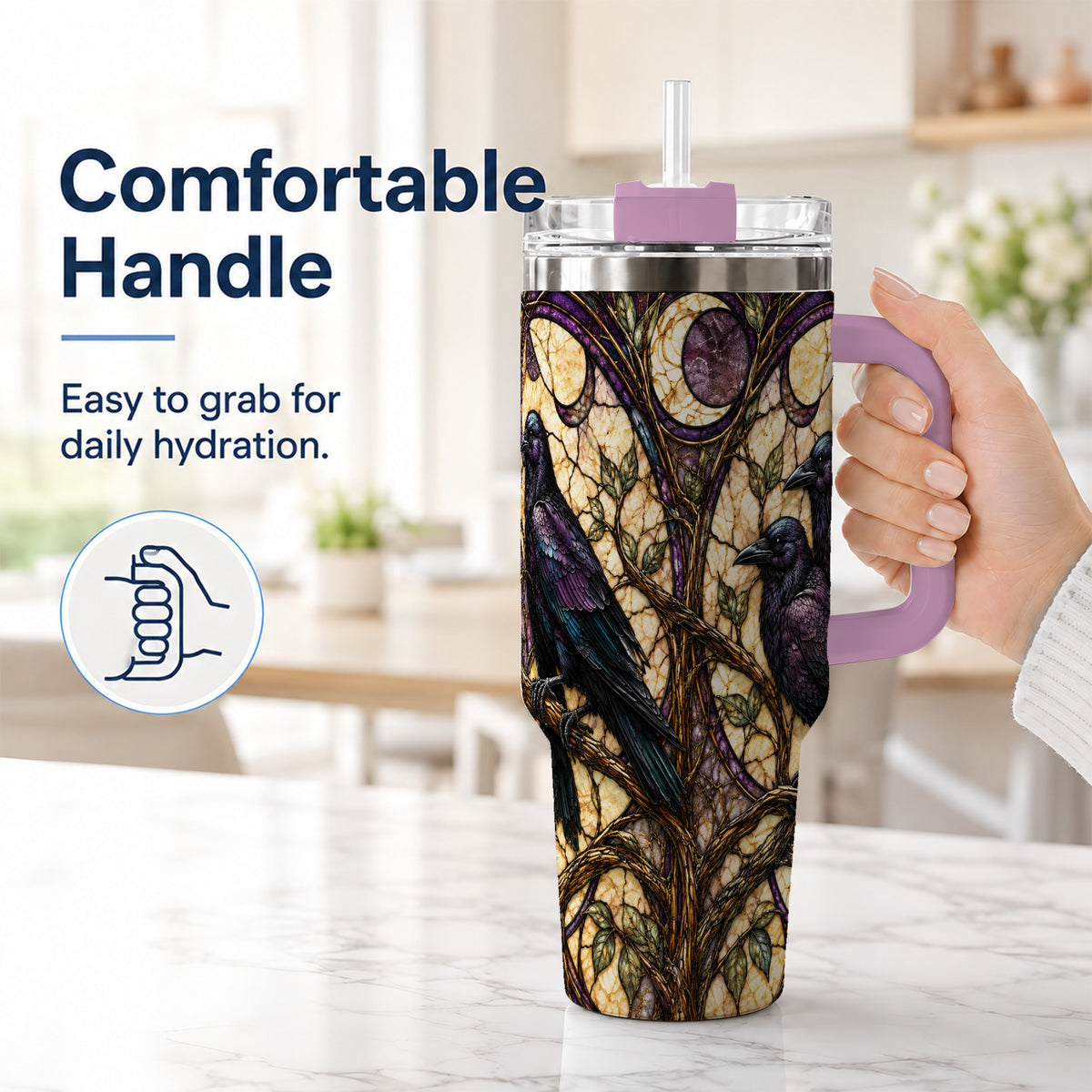 #pl[40oz|Pink] Raven Moon 40oz Tumbler, Stained Glass Raven Stainless Steel Travel Cup