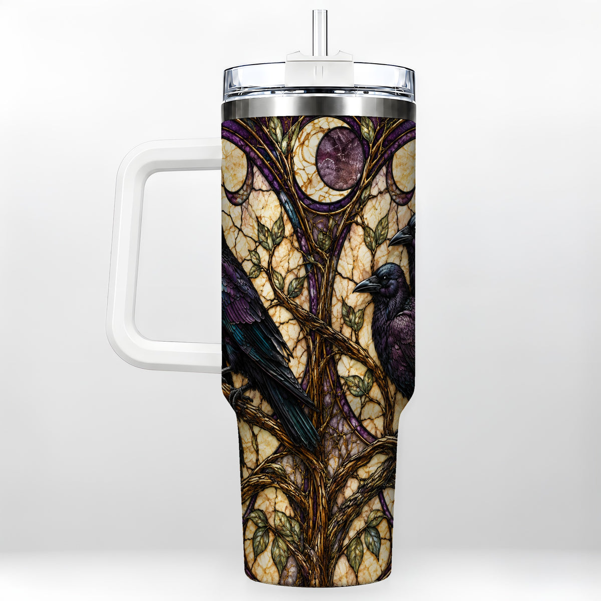 Raven Moon 40oz Tumbler, Stained Glass Raven Stainless Steel Travel Cup