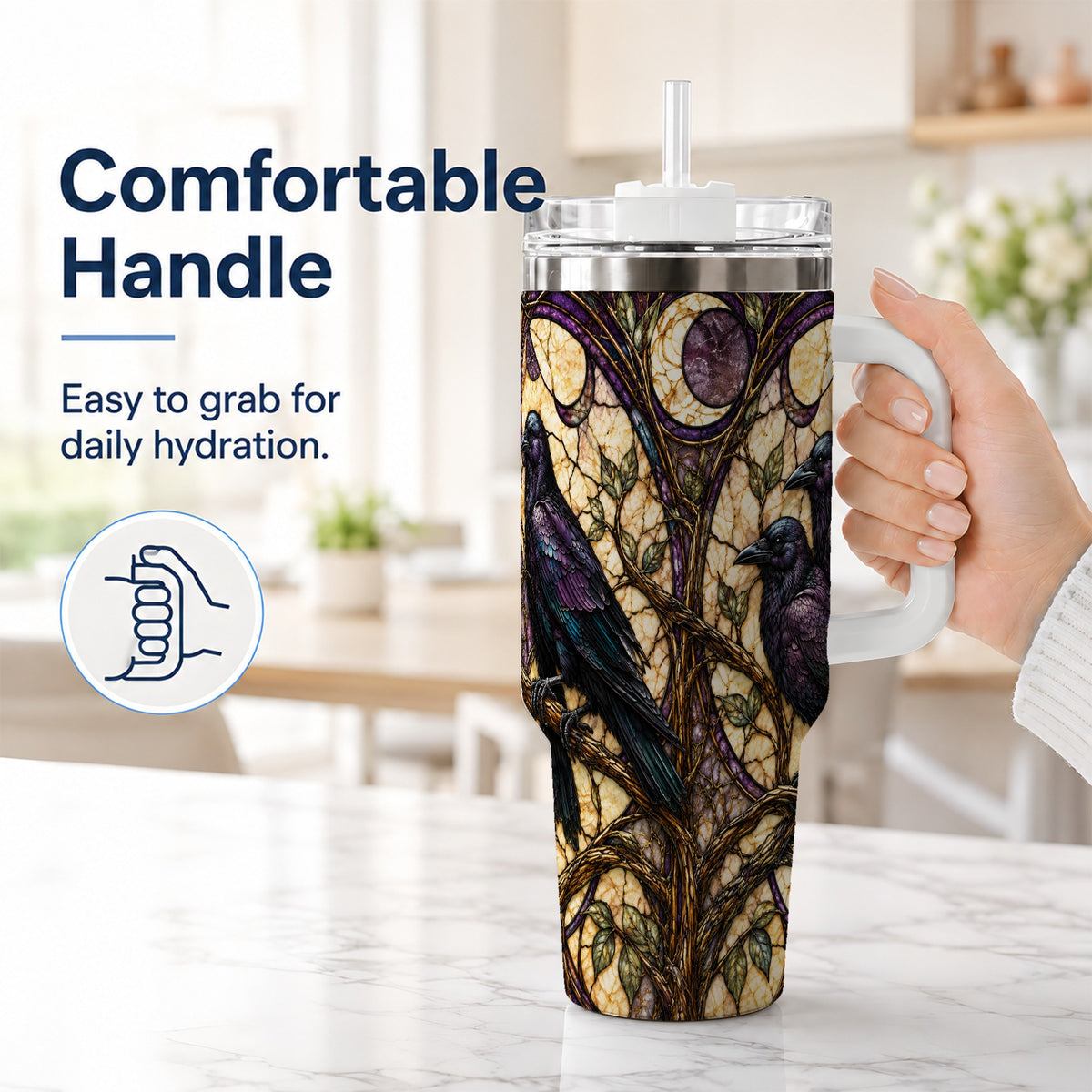 #pl[40oz|White] Raven Moon 40oz Tumbler, Stained Glass Raven Stainless Steel Travel Cup