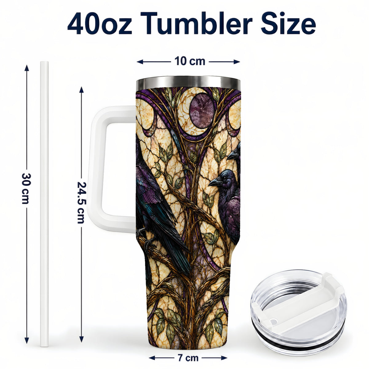 #pl[40oz|White] Raven Moon 40oz Tumbler, Stained Glass Raven Stainless Steel Travel Cup