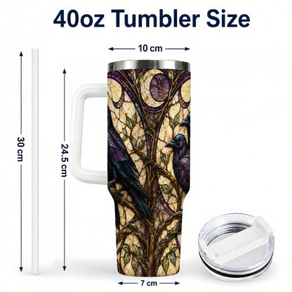 #pl[40oz|White] Raven Moon 40oz Tumbler, Stained Glass Raven Stainless Steel Travel Cup