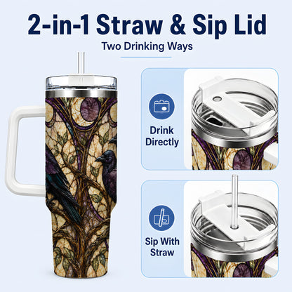 #pl[40oz|White] Raven Moon 40oz Tumbler, Stained Glass Raven Stainless Steel Travel Cup