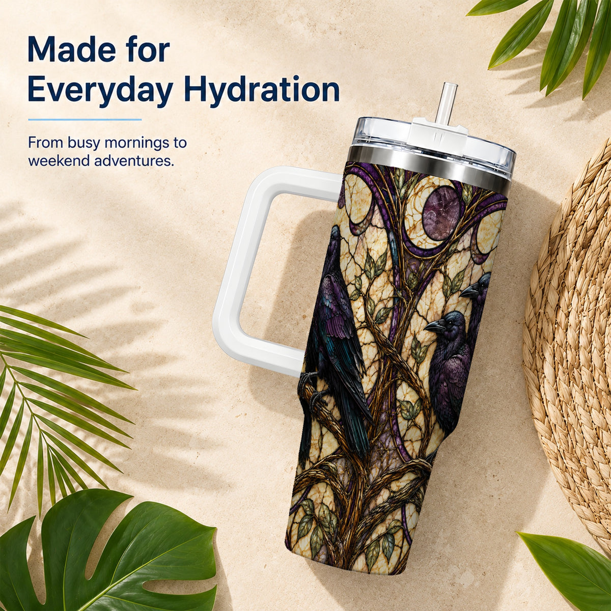 Raven Moon 40oz Tumbler, Stained Glass Raven Stainless Steel Travel Cup