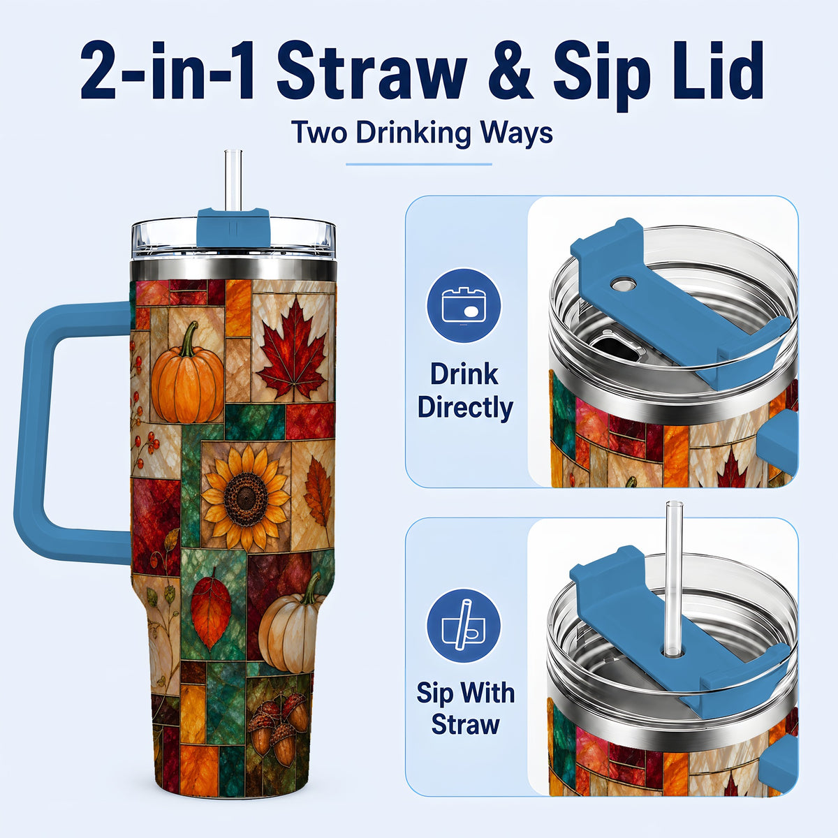 #pl[40oz|Blue] Autumn Harvest 40oz Tumbler, Pumpkin Leaf Stainless Steel Travel Cup