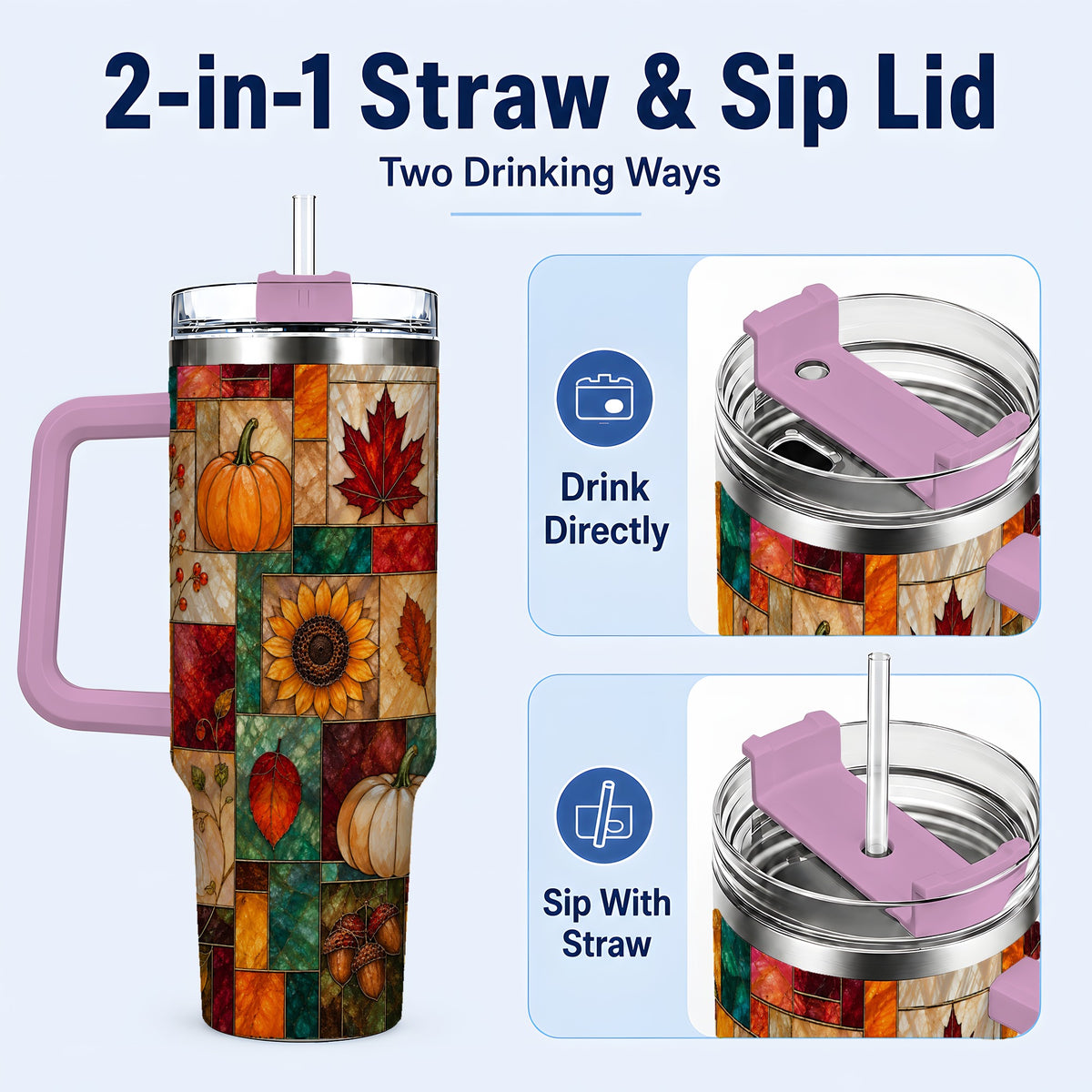 #pl[40oz|Pink] Autumn Harvest 40oz Tumbler, Pumpkin Leaf Stainless Steel Travel Cup