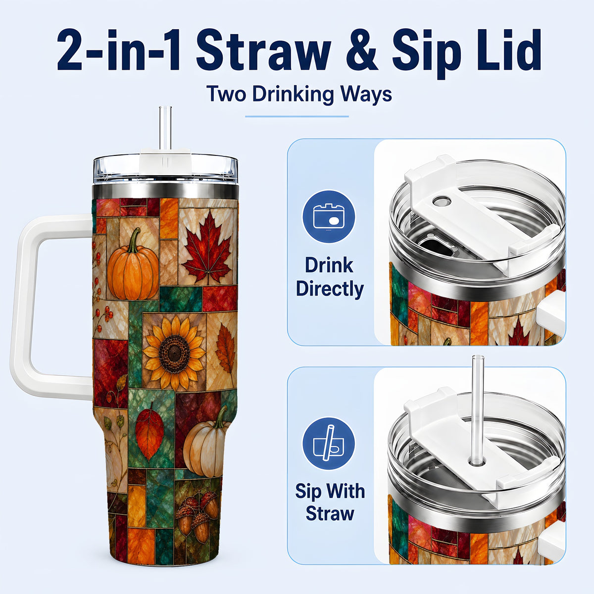 #pl[40oz|White] Autumn Harvest 40oz Tumbler, Pumpkin Leaf Stainless Steel Travel Cup