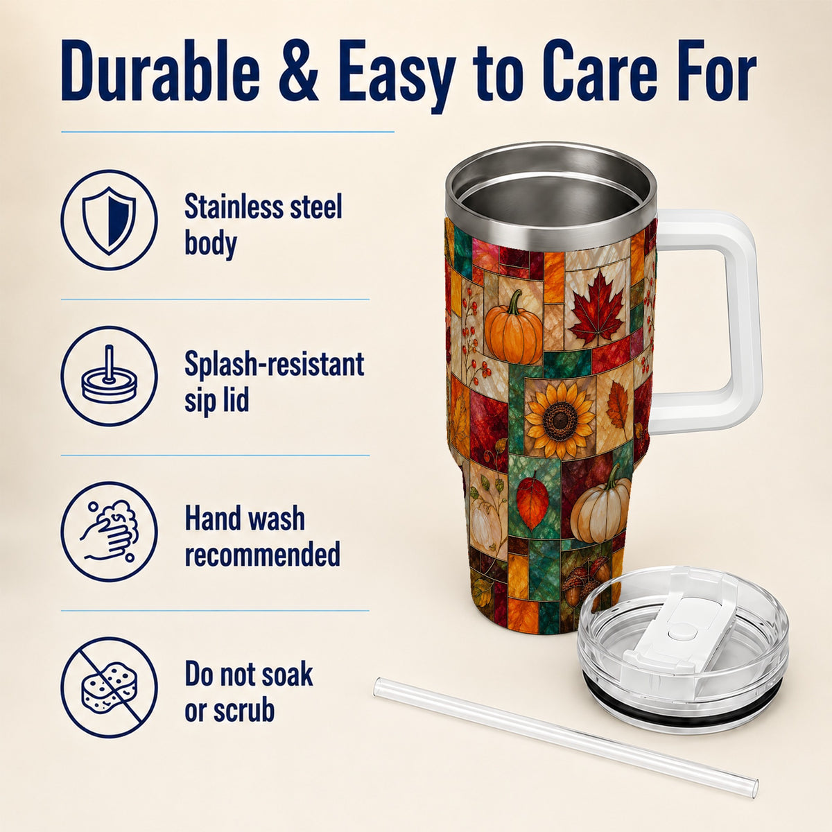 Autumn Harvest 40oz Tumbler, Pumpkin Leaf Stainless Steel Travel Cup