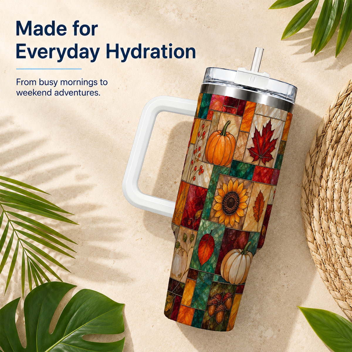 Autumn Harvest 40oz Tumbler, Pumpkin Leaf Stainless Steel Travel Cup