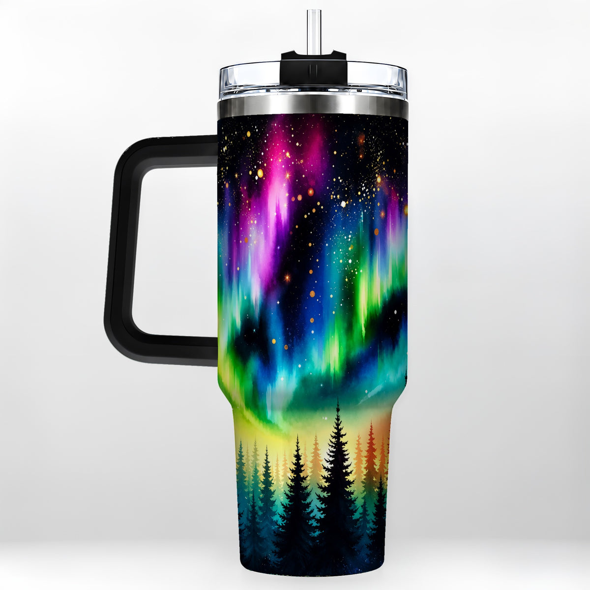 #pl[40oz|Black] Northern Lights 40oz Tumbler, Aurora Forest Stainless Steel Travel Cup