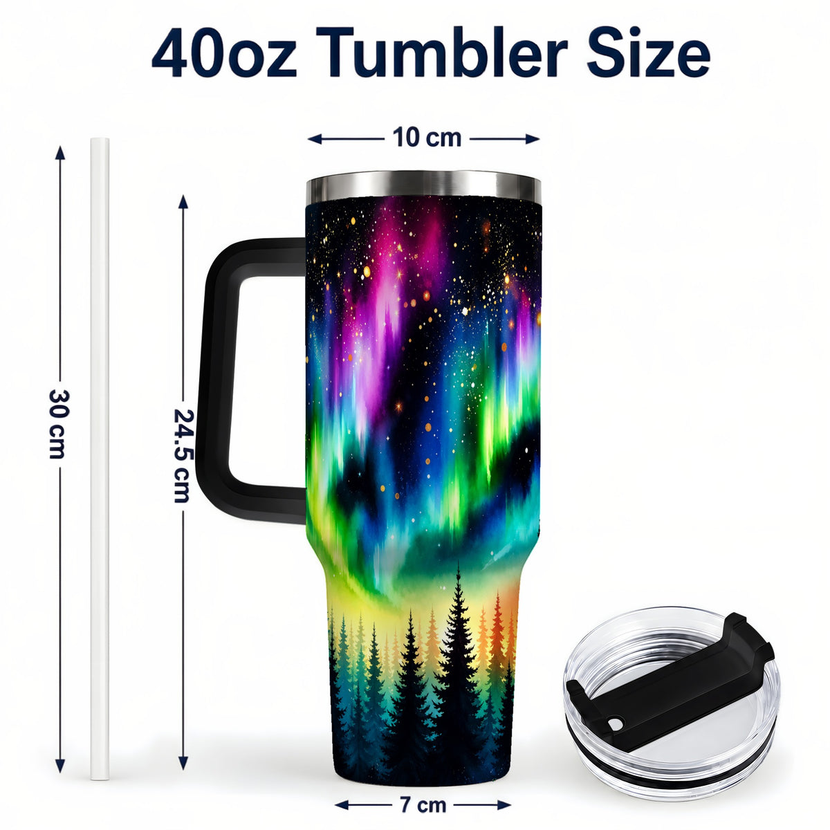 #pl[40oz|Black] Northern Lights 40oz Tumbler, Aurora Forest Stainless Steel Travel Cup