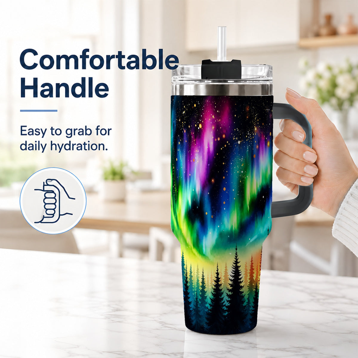 #pl[40oz|Black] Northern Lights 40oz Tumbler, Aurora Forest Stainless Steel Travel Cup