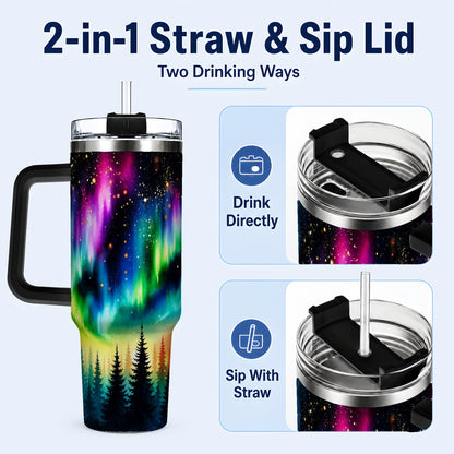 #pl[40oz|Black] Northern Lights 40oz Tumbler, Aurora Forest Stainless Steel Travel Cup