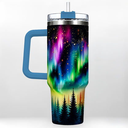 #pl[40oz|Blue] Northern Lights 40oz Tumbler, Aurora Forest Stainless Steel Travel Cup