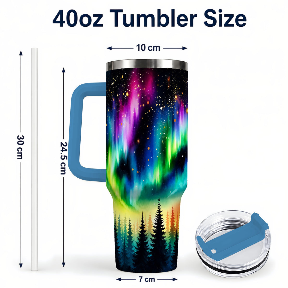 #pl[40oz|Blue] Northern Lights 40oz Tumbler, Aurora Forest Stainless Steel Travel Cup