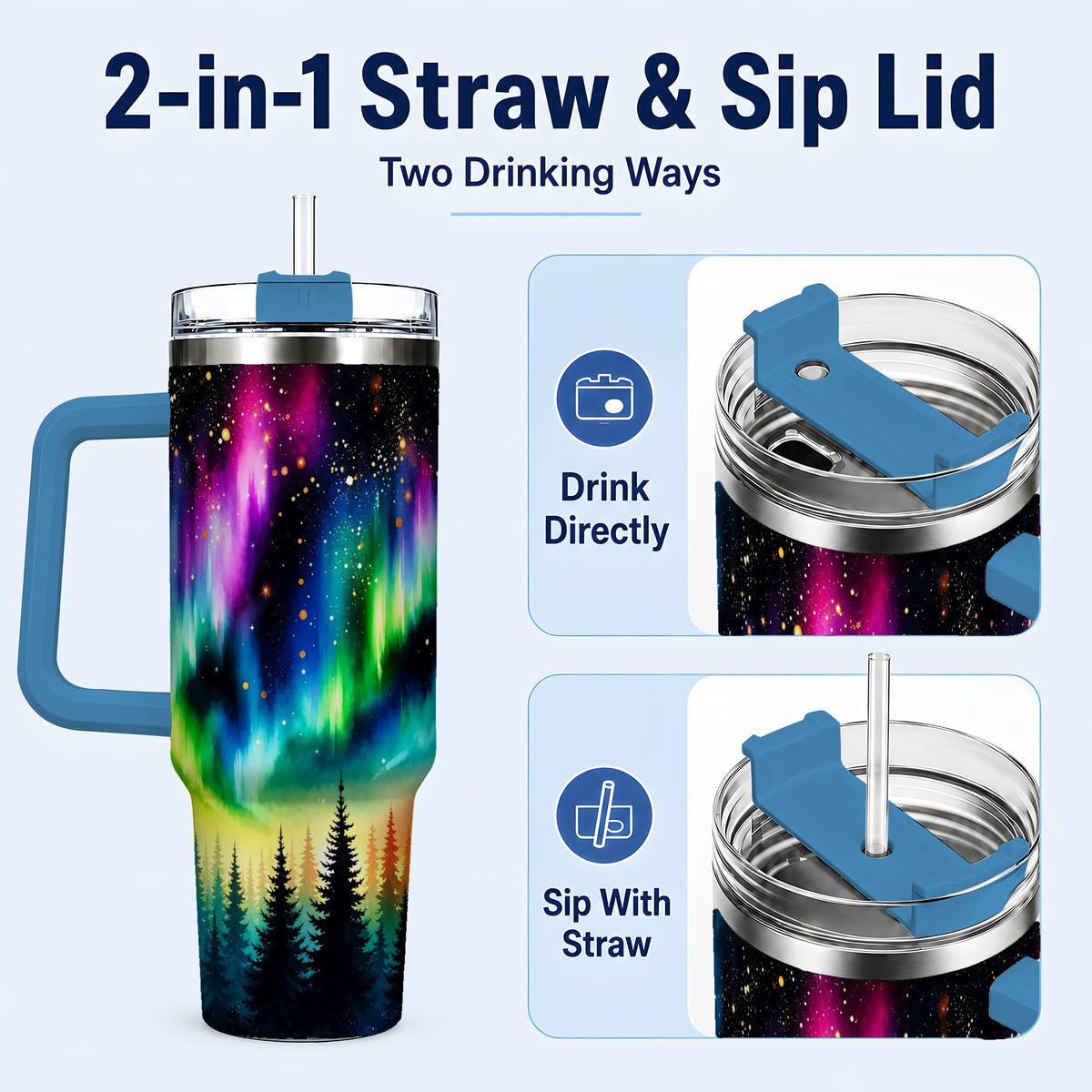 #pl[40oz|Blue] Northern Lights 40oz Tumbler, Aurora Forest Stainless Steel Travel Cup