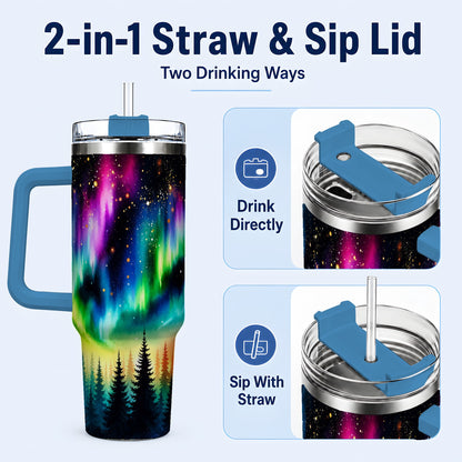 #pl[40oz|Blue] Northern Lights 40oz Tumbler, Aurora Forest Stainless Steel Travel Cup