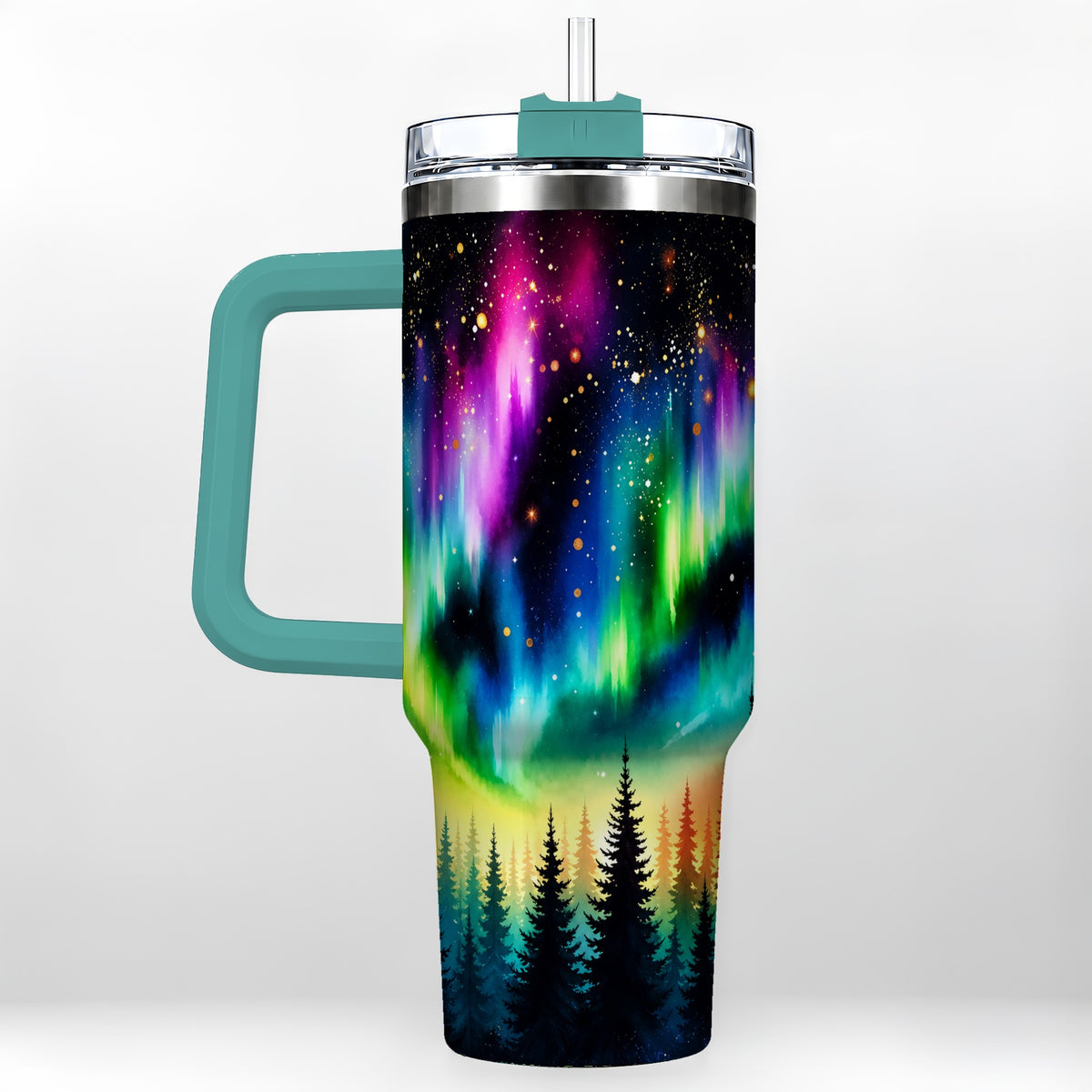 #pl[40oz|Green] Northern Lights 40oz Tumbler, Aurora Forest Stainless Steel Travel Cup