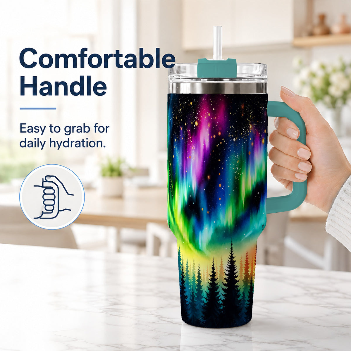 #pl[40oz|Green] Northern Lights 40oz Tumbler, Aurora Forest Stainless Steel Travel Cup