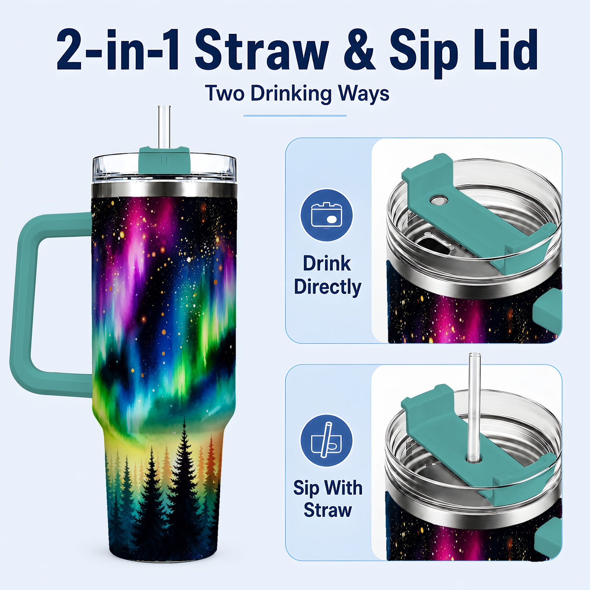 #pl[40oz|Green] Northern Lights 40oz Tumbler, Aurora Forest Stainless Steel Travel Cup