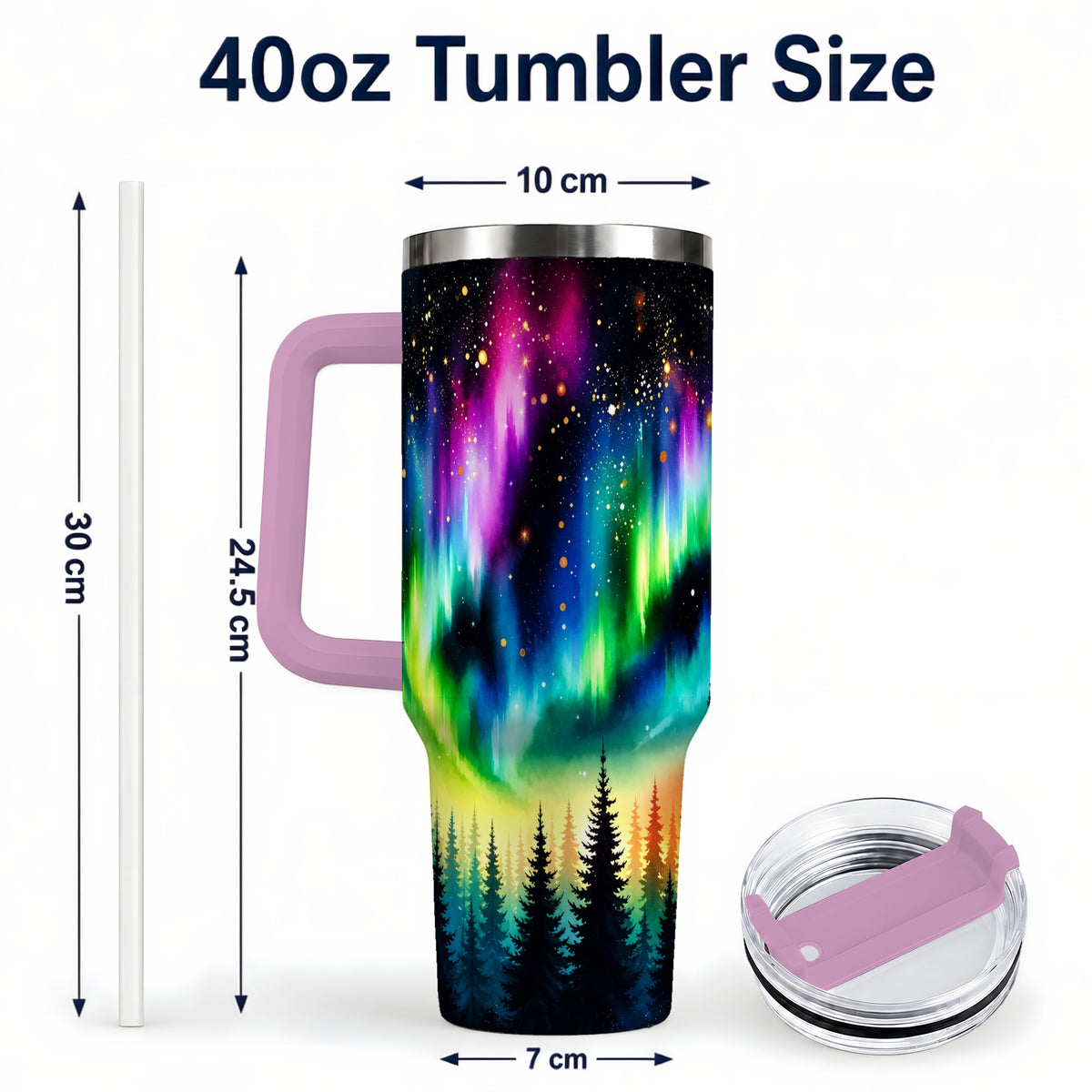#pl[40oz|Pink] Northern Lights 40oz Tumbler, Aurora Forest Stainless Steel Travel Cup