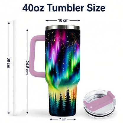 #pl[40oz|Pink] Northern Lights 40oz Tumbler, Aurora Forest Stainless Steel Travel Cup