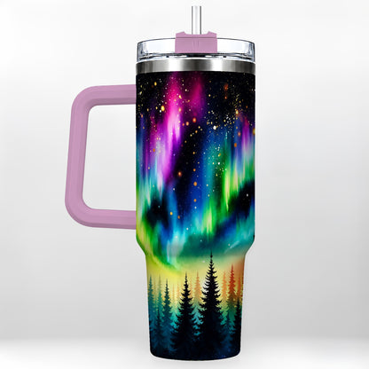#pl[40oz|Pink] Northern Lights 40oz Tumbler, Aurora Forest Stainless Steel Travel Cup