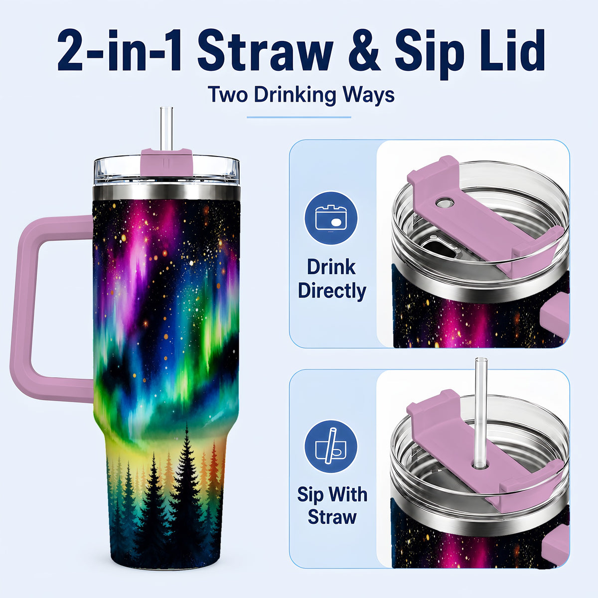#pl[40oz|Pink] Northern Lights 40oz Tumbler, Aurora Forest Stainless Steel Travel Cup