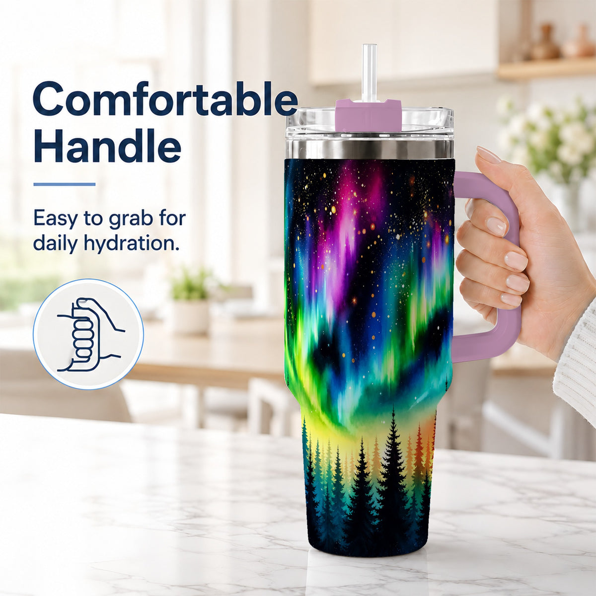 #pl[40oz|Pink] Northern Lights 40oz Tumbler, Aurora Forest Stainless Steel Travel Cup