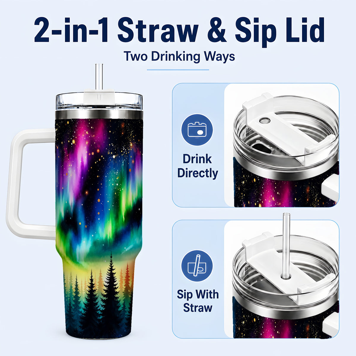 #pl[40oz|White] Northern Lights 40oz Tumbler, Aurora Forest Stainless Steel Travel Cup