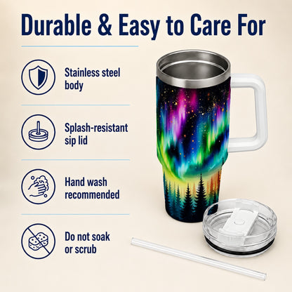 Northern Lights 40oz Tumbler, Aurora Forest Stainless Steel Travel Cup