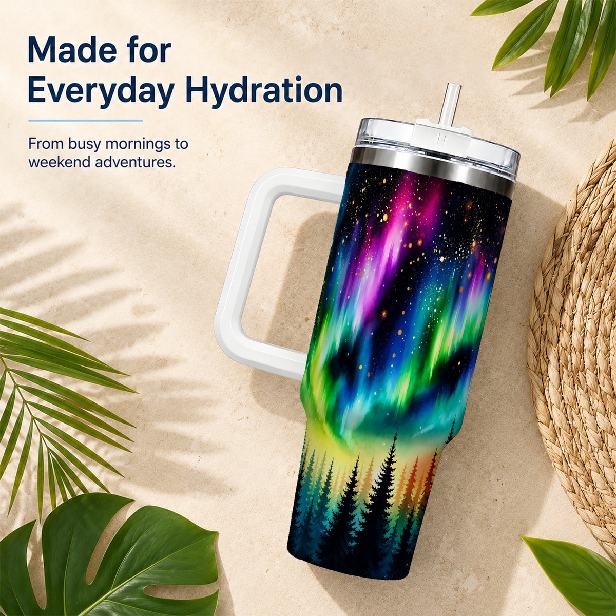 Northern Lights 40oz Tumbler, Aurora Forest Stainless Steel Travel Cup