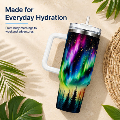 Northern Lights 40oz Tumbler, Aurora Forest Stainless Steel Travel Cup