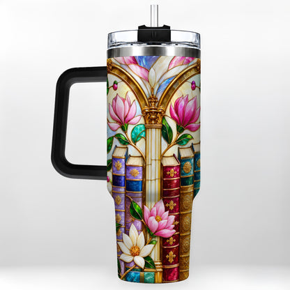 #pl[40oz|Black] Floral Library 40oz Tumbler, Book Floral Stainless Steel Travel Cup