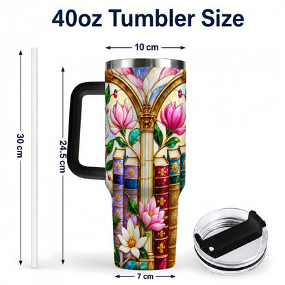 #pl[40oz|Black] Floral Library 40oz Tumbler, Book Floral Stainless Steel Travel Cup